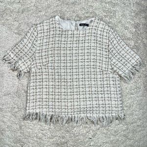 Tweed White and Gold Frayed Trim Top